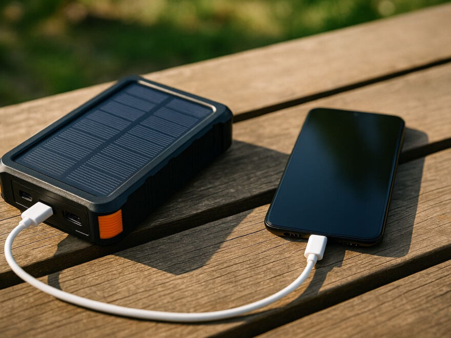 Solar Powerbank mit Solarpanel lädt Smartphone im Sonnenlicht