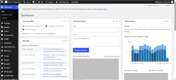 WordPress-Dashboard mit Beiträgen, Seiten und Einstellungen