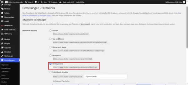 WordPress-Permalink-Einstellungen mit der Option Beitragsname