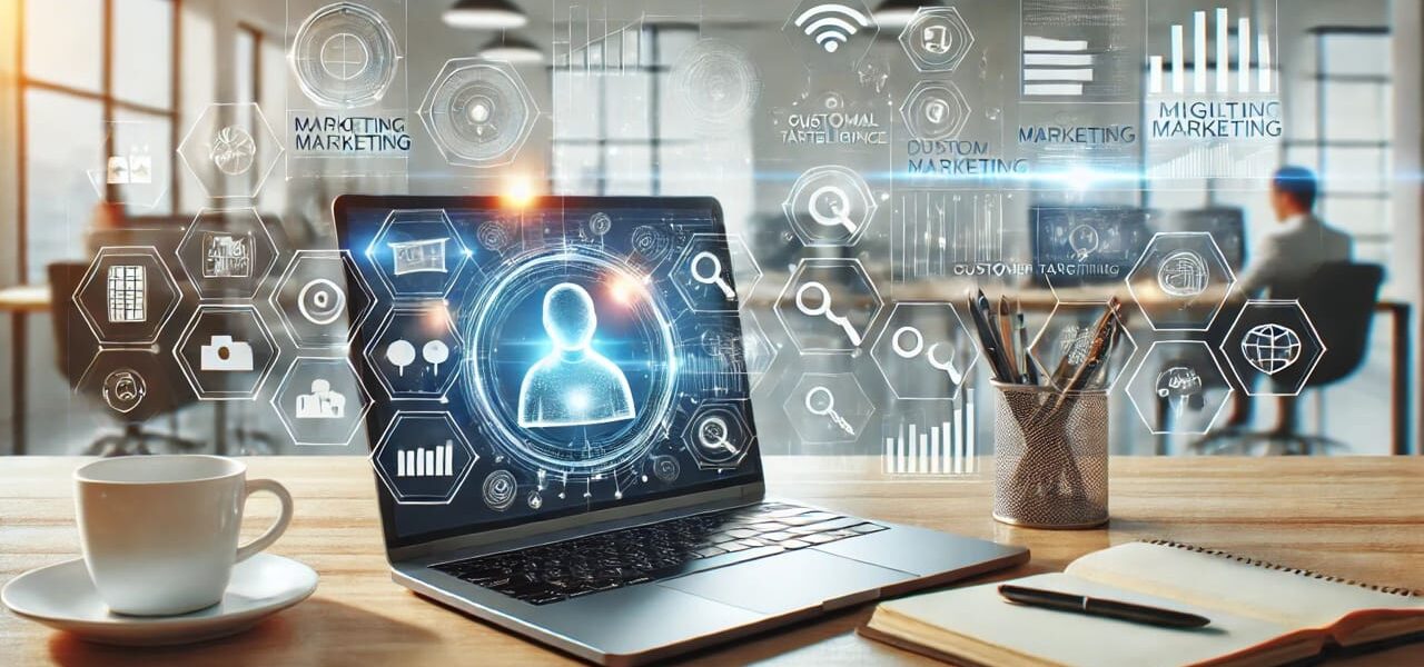 Laptop mit Marketing-Analysen und KI-Symbolen, Zukunft des Online-Marketings