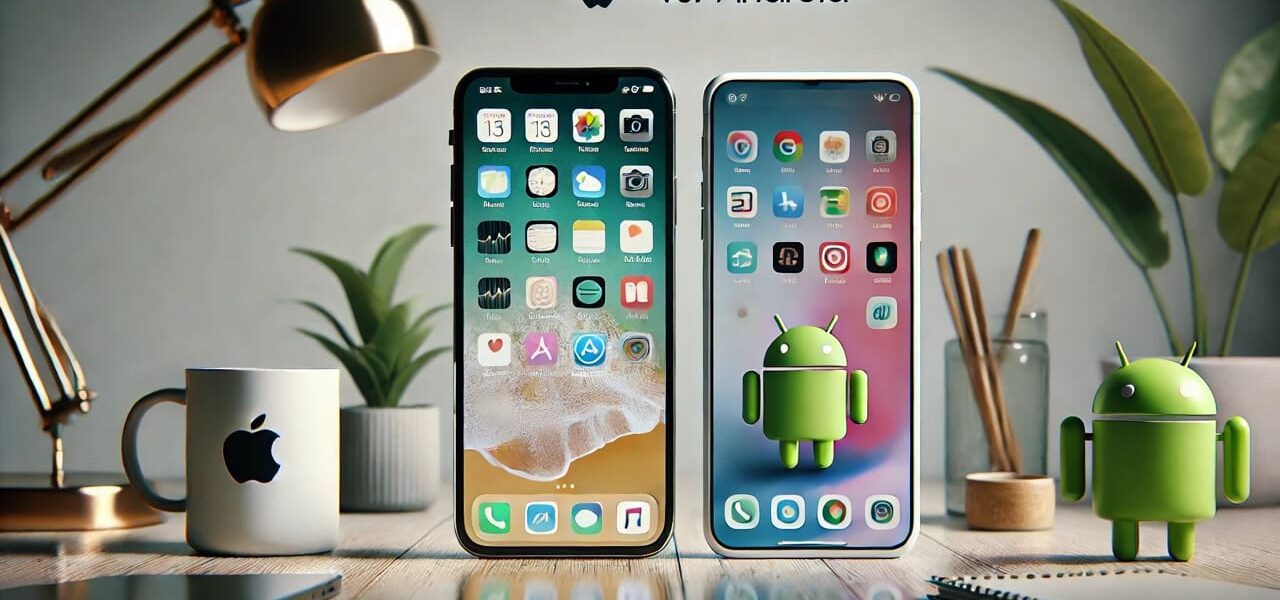 Apple vs. Android: Vergleich zweier Smartphones auf einem Schreibtisch, links ein iPhone, rechts ein Android-Gerät mit unterschiedlichen Interfaces.