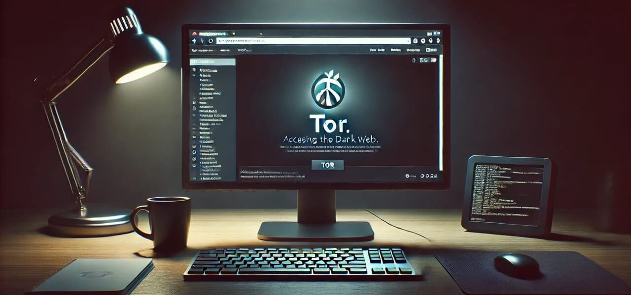 Computer mit Tor-Browser in dunklem Raum, symbolisiert anonymen Zugang zum Dark Web
