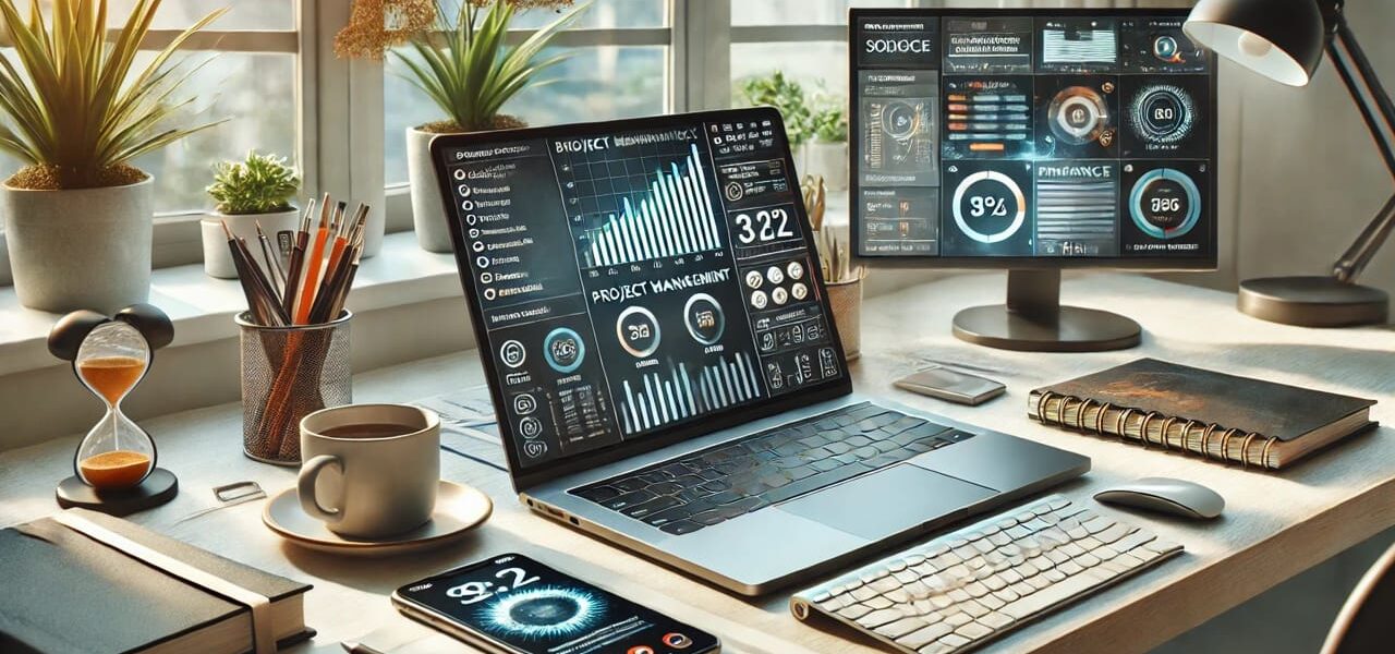 Moderner Arbeitsplatz für Freelancer mit digitalen Tools für Buchhaltung, Projektmanagement und Marketing in einem organisierten Homeoffice.