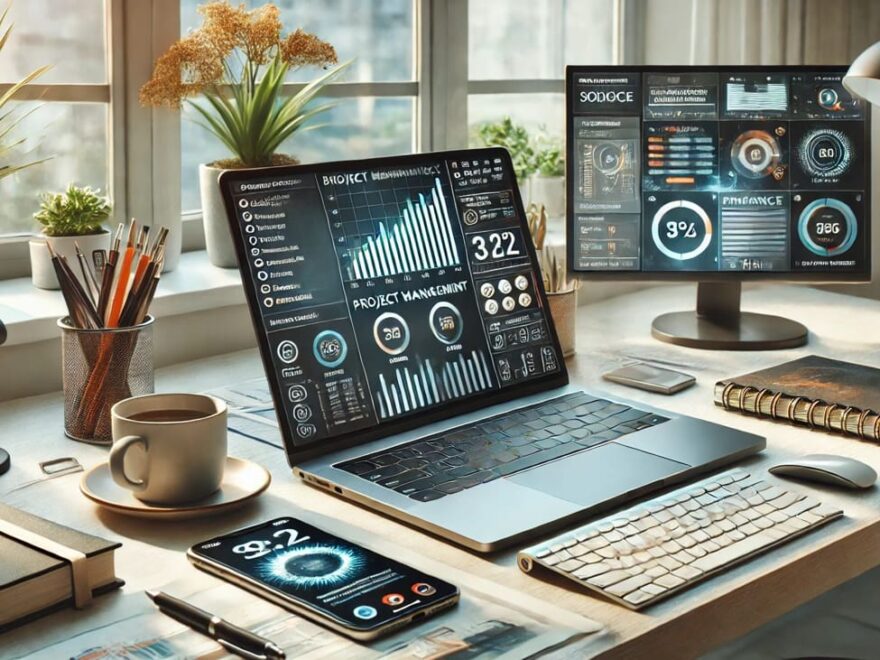 Moderner Arbeitsplatz für Freelancer mit digitalen Tools für Buchhaltung, Projektmanagement und Marketing in einem organisierten Homeoffice.