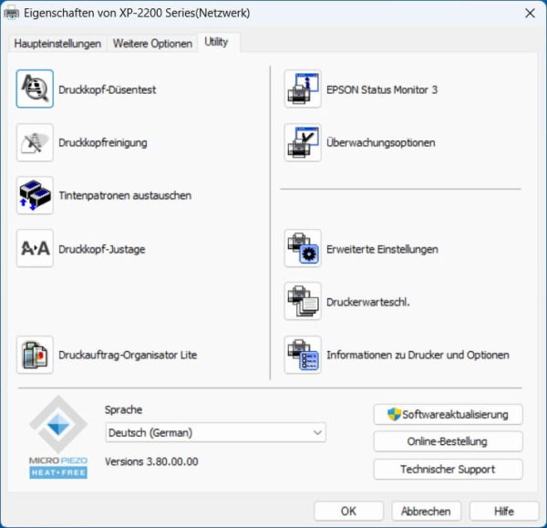 Düsentest und Druckkopfreinigung beim Epson-Drucker Düsentest und Druckkopfreinigung in der Epson-Druckersoftware