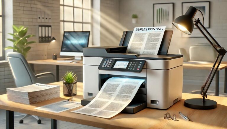 Duplex beim Drucker: moderner Drucker im Büro druckt beidseitig