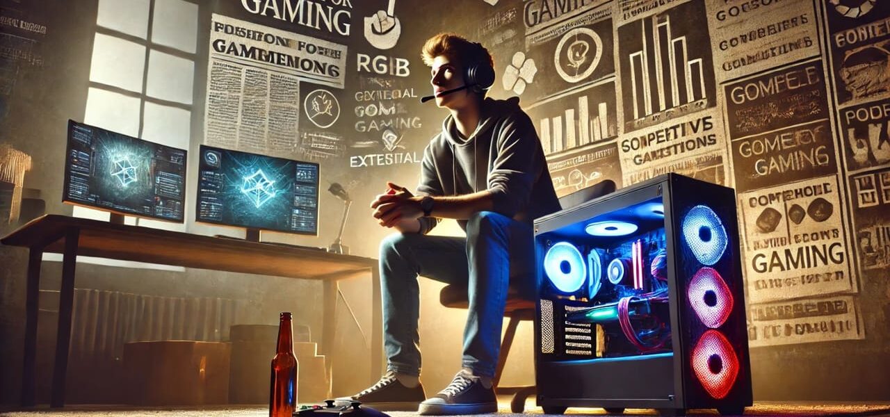Ein Gamer in modernem Setup, mit einer Mischung aus Triumph und Frustration, im Hintergrund Hinweise auf gesellschaftliche Vorurteile.