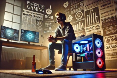 Ein Gamer in modernem Setup, mit einer Mischung aus Triumph und Frustration, im Hintergrund Hinweise auf gesellschaftliche Vorurteile.