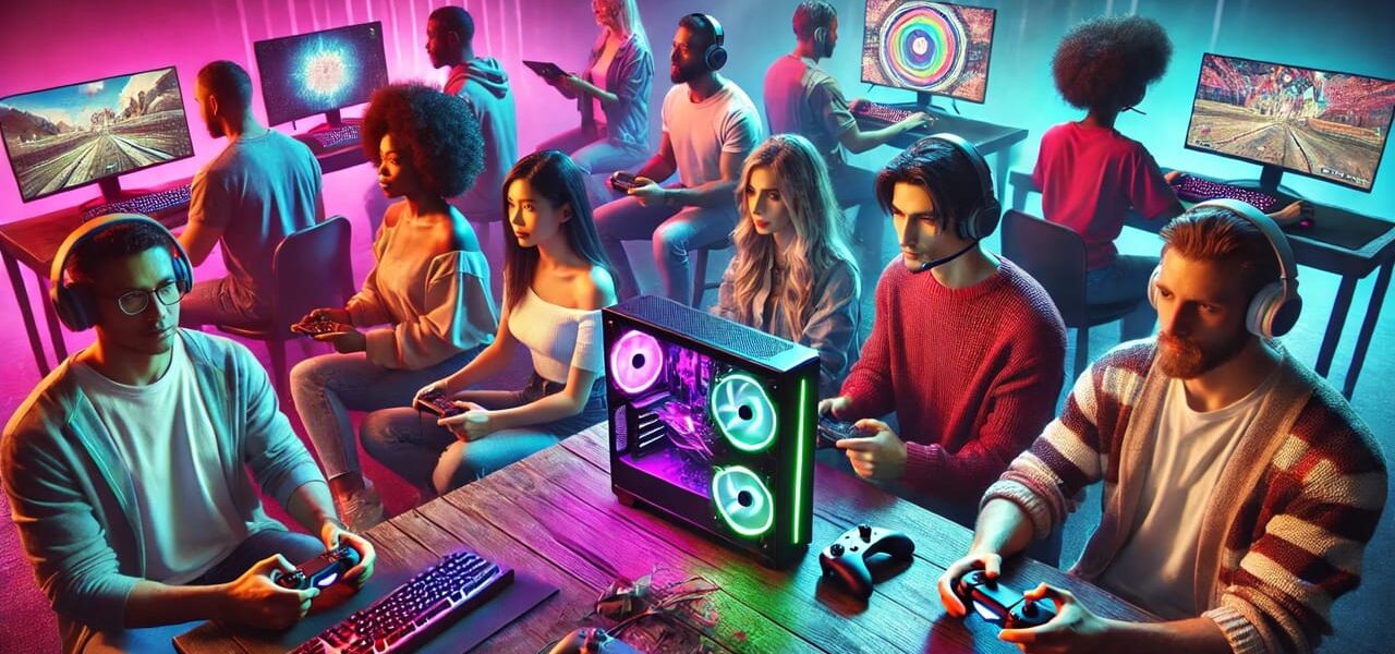 Diverse Gruppe von Gamern in moderner Umgebung, mit PC, Konsole und Smartphone, repräsentiert die Vielfalt der Gaming-Community.