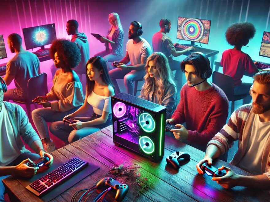 Diverse Gruppe von Gamern in moderner Umgebung, mit PC, Konsole und Smartphone, repräsentiert die Vielfalt der Gaming-Community.