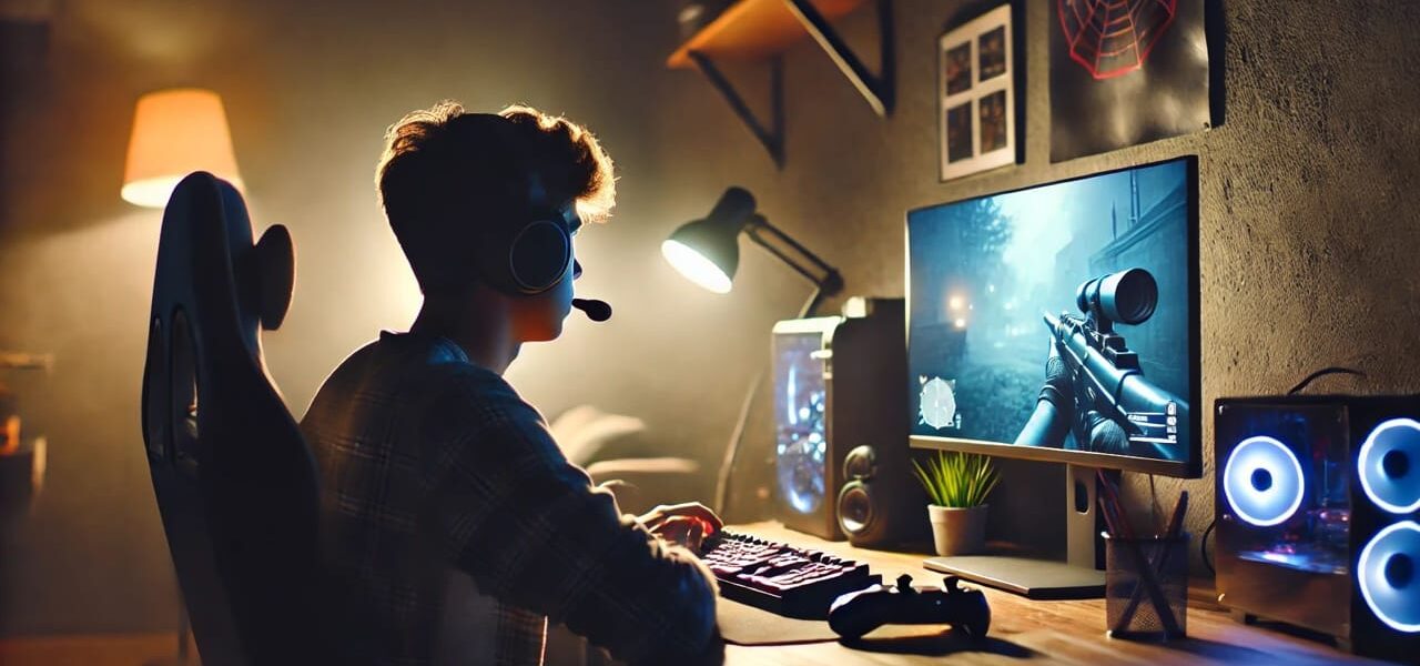 Person konzentriert beim Gaming am Computer, beleuchtet durch Bildschirmlicht in dunklem Raum