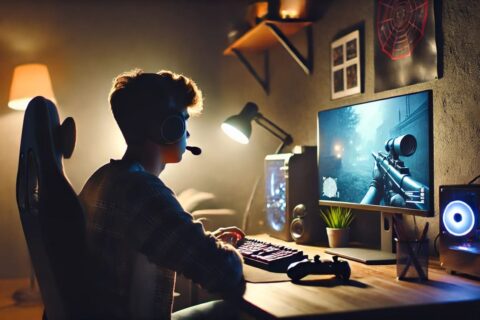 Person konzentriert beim Gaming am Computer, beleuchtet durch Bildschirmlicht in dunklem Raum