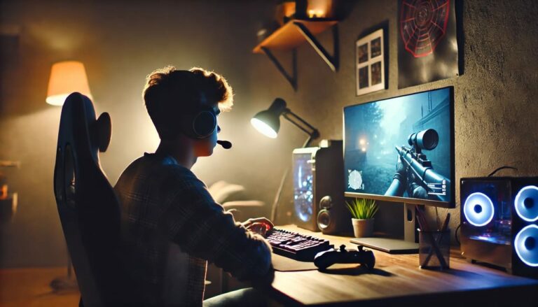 Person konzentriert beim Gaming am Computer, beleuchtet durch Bildschirmlicht in dunklem Raum