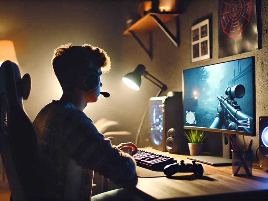 Person konzentriert beim Gaming am Computer, beleuchtet durch Bildschirmlicht in dunklem Raum