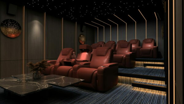 Luxus-Sitzmöbel für das Heimkino einrichten – Komfort und Kinofeeling zuhause genießen Luxuriöse Kinosessel in einem Heimkino mit stilvoller Beleuchtung und gemütlicher Atmosphäre