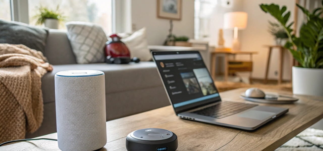 Smarte KI-Anwendungen im Alltag: Laptop mit virtueller Assistenz, Smart Speaker und Saugroboter in einem modernen Zuhause.