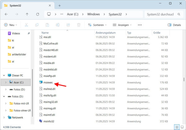 msiexec.exe – zentrale Komponente des Windows Installers Windows Installer Komponente msiexec.exe im System32-Ordner