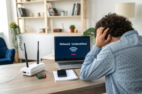 Person am Laptop mit Fehlermeldung ‚Nicht identifiziertes Netzwerk‘, moderne Homeoffice-Umgebung