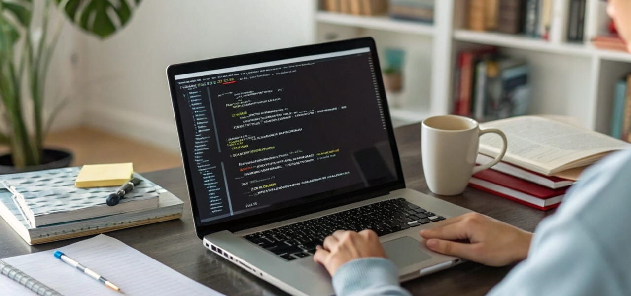 Person lernt Python am Schreibtisch mit Laptop und Notizen