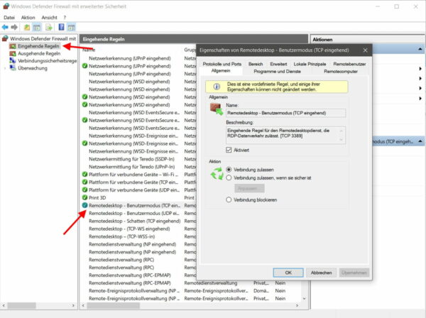 Windows Defender Firewall zeigt Einstellungen für RDP-Port ändern und neue Regel hinzufügen