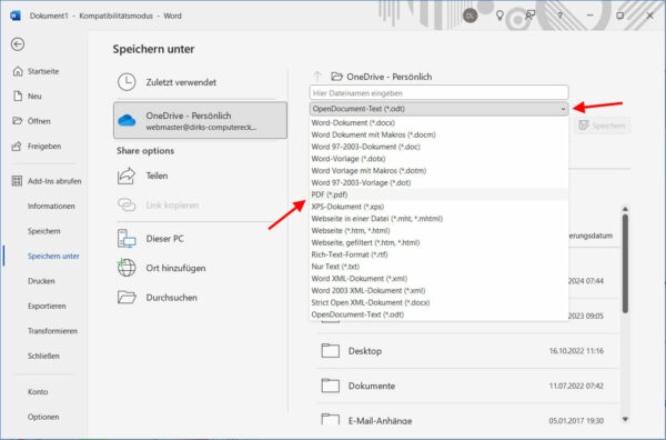 Word-Dokument als PDF speichern – Schritt-für-Schritt-Anleitung Screenshot von Microsoft Word mit der Option, ein Dokument als PDF zu speichern