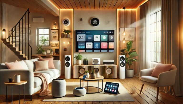 Modernes Wohnzimmer mit verschiedenen Smart-Home-Geräten wie TV, Lautsprecher, Beleuchtung und Tablet zur Steuerung.