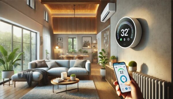 Smartes Thermostat im Wohnzimmer – Energieeffizienz und Komfort Wohnzimmer mit smartem Thermostat, gesteuert per Smartphone, für Energieeinsparungen.