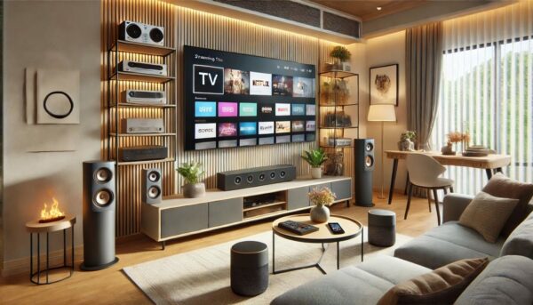 Smartes TV- und Audiosystem im Wohnzimmer – Unterhaltung vernetzt Wohnzimmer mit smartem TV und Audiosystem, gesteuert per Tablet.