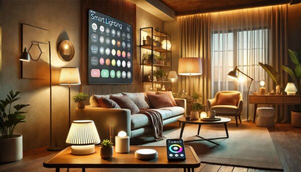 Smarte Beleuchtung im Wohnzimmer – flexible Lichtsteuerung Wohnzimmer mit smarten Lampen und LED-Leuchten, gesteuert per Smartphone.