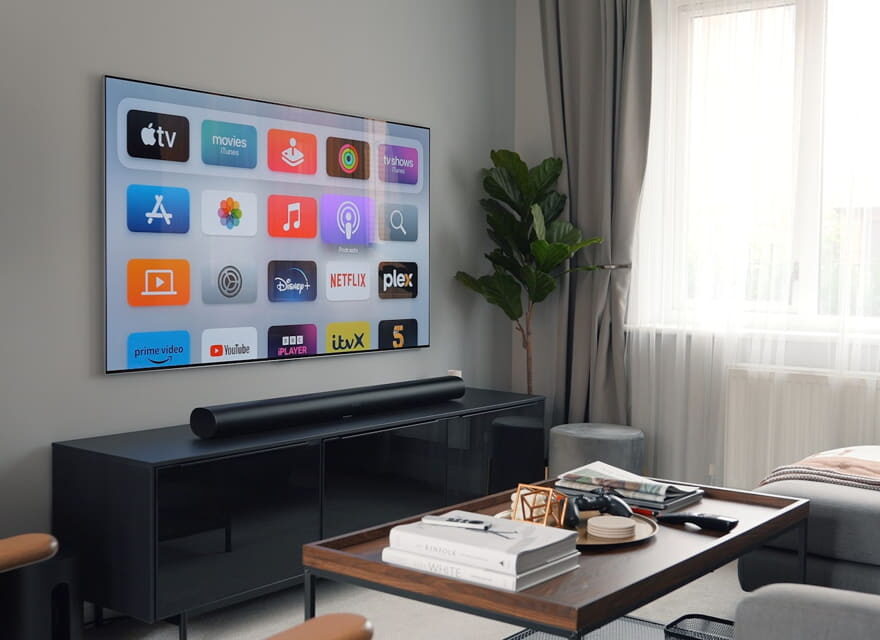 Soundbar unter Wand-TV im modernen Wohnzimmer