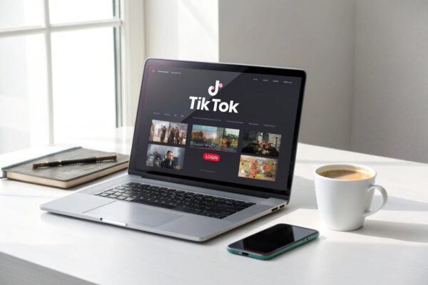 TikTok am PC – Laptop mit geöffnetem TikTok-Interface Laptop mit geöffneter TikTok-Website auf einem Schreibtisch – TikTok am PC nutzen.