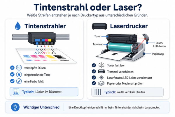 Weiße Streifen beim Drucker: Tintenstrahl oder Laserdrucker Weiße Streifen beim Drucken: Unterschiede zwischen Tintenstrahl- und Laserdrucker