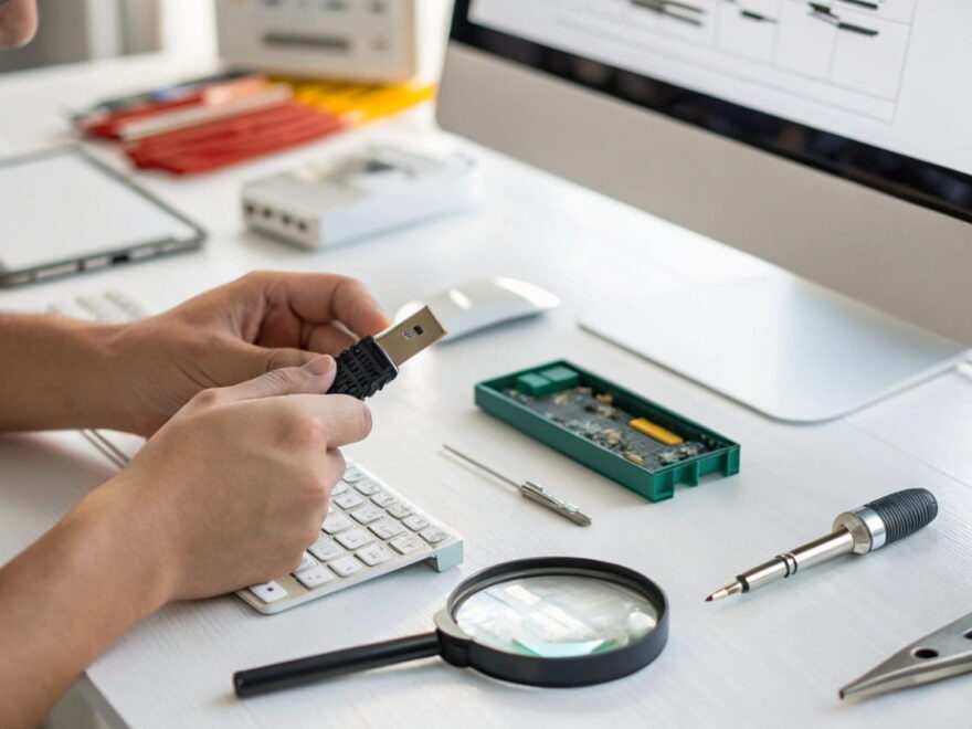 Person repariert einen USB-Stick mit Werkzeug an einem Schreibtisch