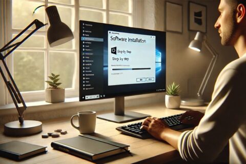 Person führt Windows Installer-Installation auf Computer aus, Fortschrittsbalken sichtbar