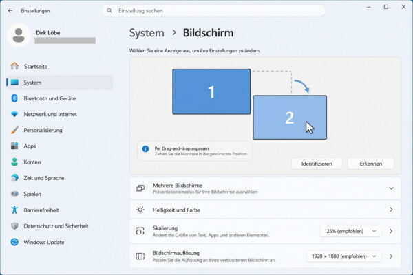 Windows 11 zeigt, wie du beim 2 Bildschirme einrichten die Monitore richtig anordnest
