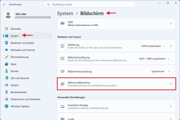 Windows 11 Anzeigeeinstellungen zum Einrichten von 2 Bildschirmen