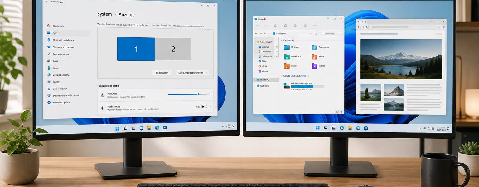 Zwei Monitore mit Windows 11 beim 2 Bildschirme einrichten