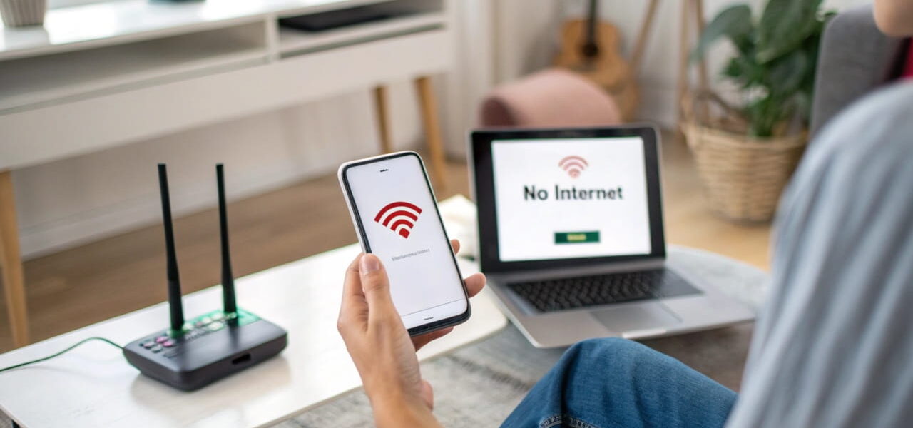 Person prüft den Status des Internetanbieters auf dem Smartphone, während ein Laptop eine Fehlermeldung „Keine Internetverbindung“ anzeigt.