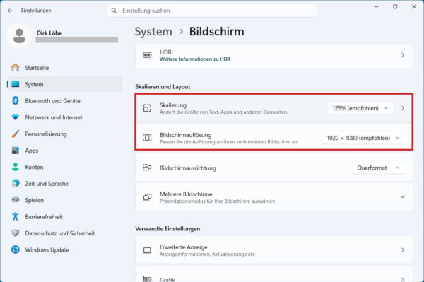 Windows 11 Einstellungen für Auflösung und Skalierung beim 2 Bildschirme einrichten