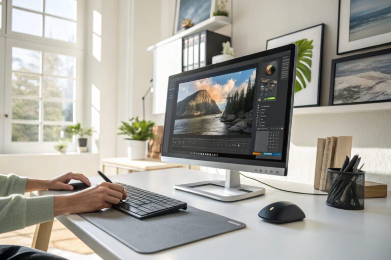 Moderner Computer mit geöffneter Bildbearbeitungssoftware, ein farbenfrohes Foto wird mit Reglern für Helligkeit, Kontrast und Sättigung bearbeitet.