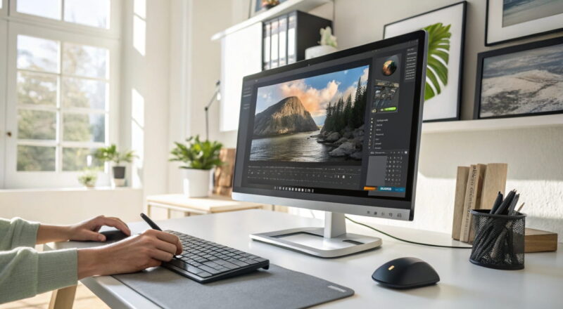 bildbearbeitung pc Moderner Computer mit geöffneter Bildbearbeitungssoftware, ein farbenfrohes Foto wird mit Reglern für Helligkeit, Kontrast und Sättigung bearbeitet.