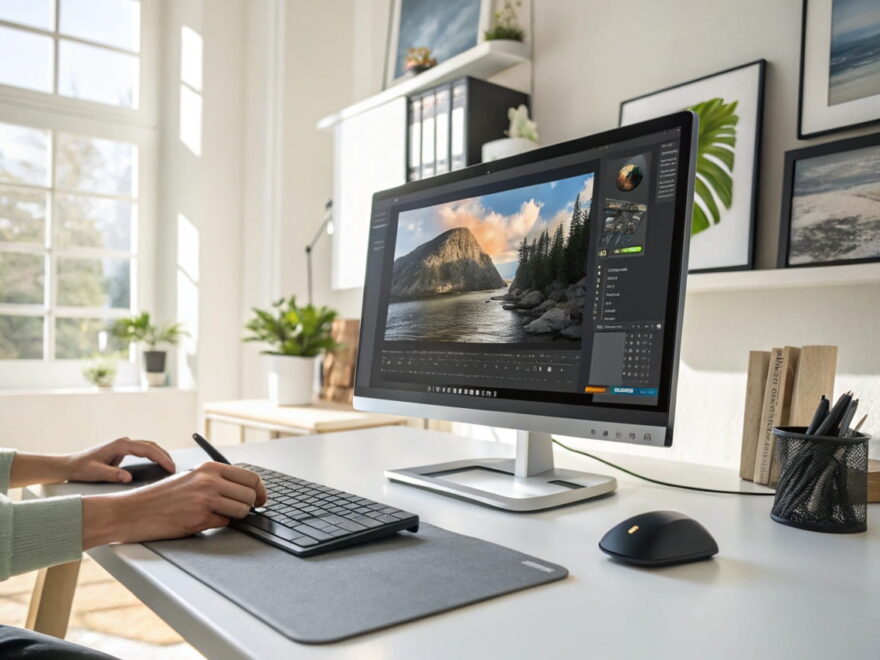 Moderner Computer mit geöffneter Bildbearbeitungssoftware, ein farbenfrohes Foto wird mit Reglern für Helligkeit, Kontrast und Sättigung bearbeitet.