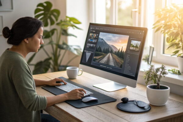 Bildbearbeitung Schritt für Schritt: Erste Erfolge erzielen Person bearbeitet ein Foto Schritt für Schritt am Computer, das Bild wird zugeschnitten und Helligkeit sowie Kontrast werden angepasst.