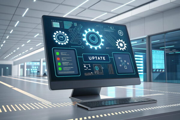 BIOS-Update: Technisches Interface und Bedeutung erklärt Illustration eines BIOS-Interfaces mit Update-Benachrichtigung, das die technische Bedeutung eines BIOS-Updates darstellt.