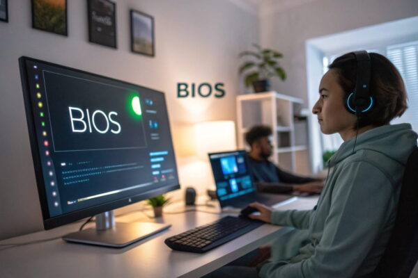 Nach dem BIOS-Update: Erfolgreiche Installation und Kontrolle BIOS-Update abgeschlossen: Benutzer überprüft Einstellungen auf einem modernen Computerbildschirm.