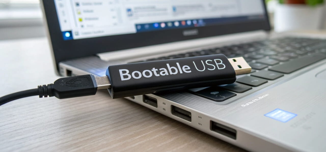 Bootfähigen USB-Stick erstellen: USB-Stick mit Laptop und Boot-Menü