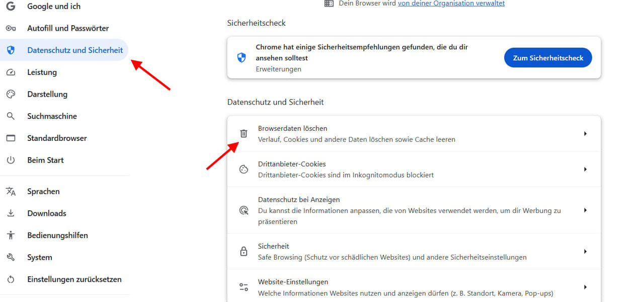 Screenshot der Chrome-Einstellungen mit hervorgehobener Option ‚Browserdaten löschen‘ unter Datenschutz und Sicherheit.