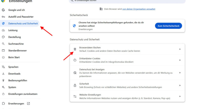 chrome cache leeren Screenshot der Chrome-Einstellungen mit hervorgehobener Option ‚Browserdaten löschen‘ unter Datenschutz und Sicherheit.