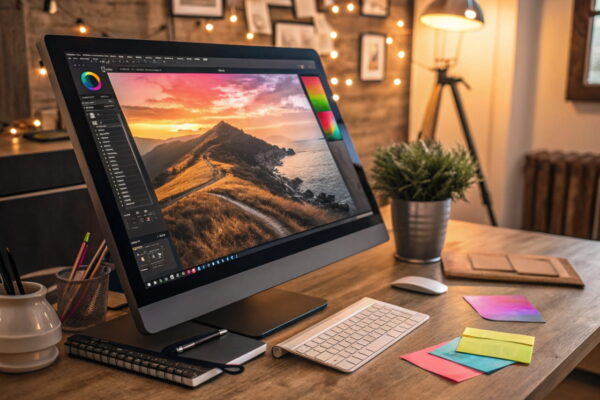 Effekte und Filter: Kreativität in der Bildbearbeitung entfalten Computerbildschirm mit Foto-Bearbeitungssoftware, verschiedene Filter und Effekte wie Schwarz-Weiß, Vintage und HDR werden auf ein Bild angewendet.