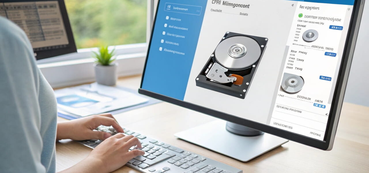 Computerbildschirm zeigt die Windows-Datenträgerverwaltung mit hervorgehobenen Partitionen, während Hände Tastatur und Maus bedienen.